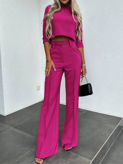 Elegant Office Lady Suits Fashion Solid Color Two Piece Set For Women Casual Crop Top+high Waist Pants Women's Sets 2024 Autumn