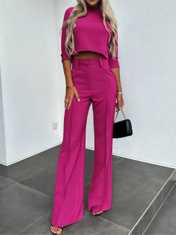Elegante conjunto de dos piezas de color liso para mujer, traje de oficina, top corto informal y pantalones de cintura alta, otoño 2024