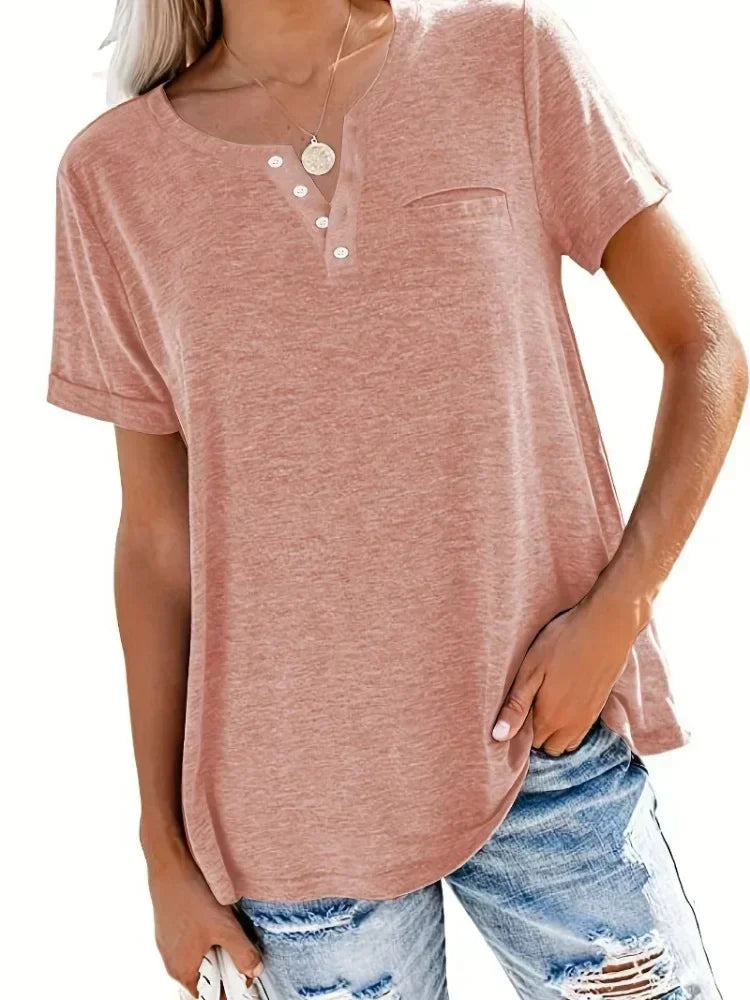 Plus size 1xl-8xl feminino solto topos senhoras casual com decote em v manga curta bolso camiseta primavera e verão novo estilo