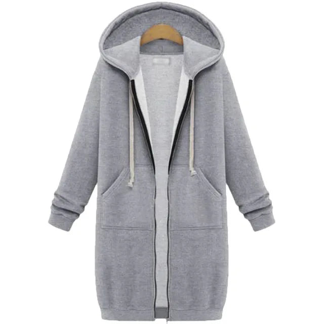 Hoodies femininos 2023 novo outono inverno espessamento solto moda cor sólida bolso design superior com capuz longo zíper camisolas casaco