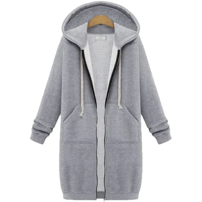 Hoodies femininos 2023 novo outono inverno espessamento solto moda cor sólida bolso design superior com capuz longo zíper camisolas casaco