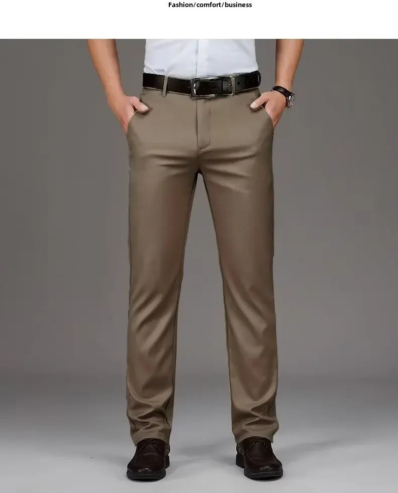 Pantalones casuales de seda helada para hombre, de negocios, formales, de verano, finos, rectos y holgados, para hombres de mediana edad.