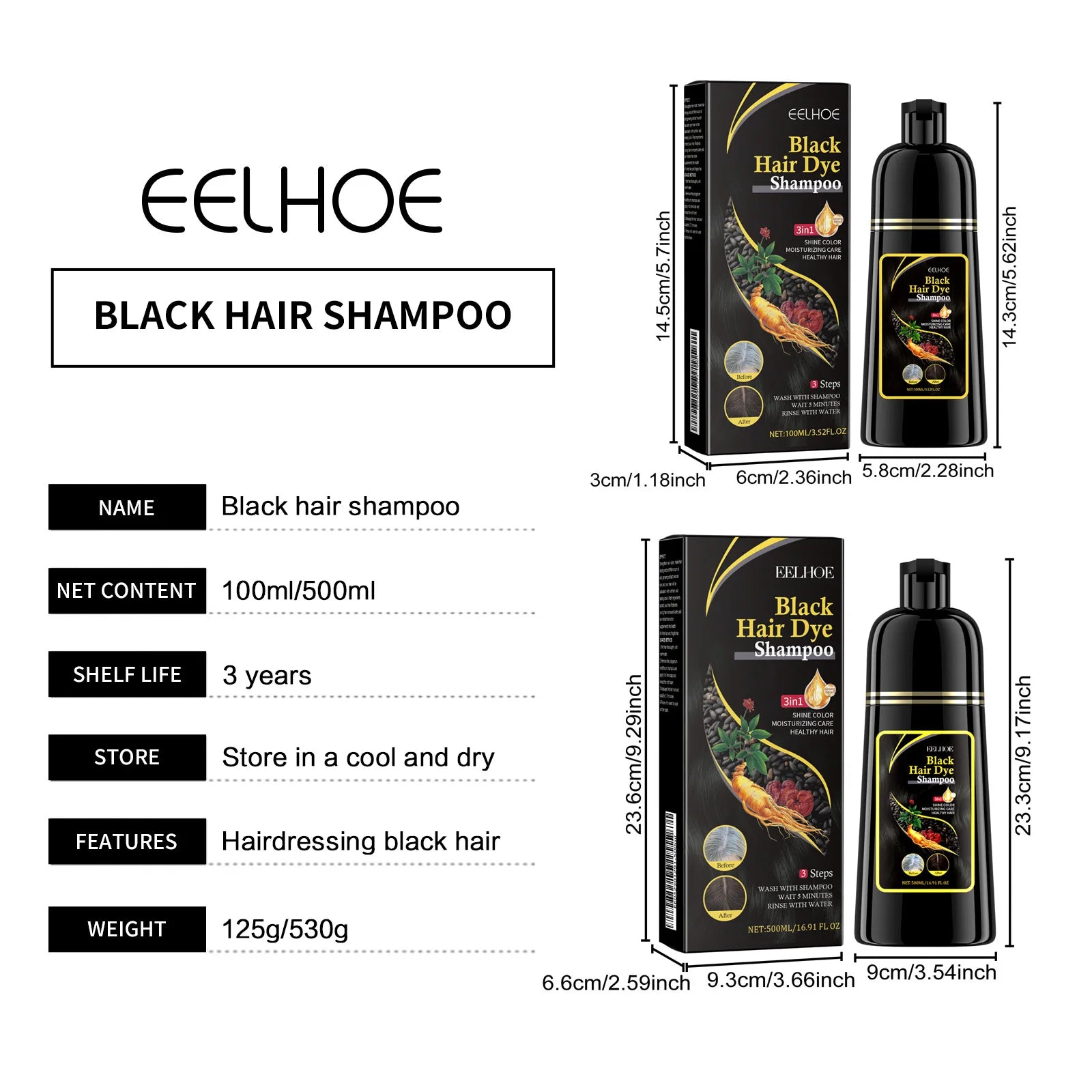 Shampoo EELHOE 3 em 1 para Tingir Cabelos de Preto: Crescimento, Limpeza, Escurecimento e Nutrição Profunda – Fórmula Natural, Orgânica e à Base de Ervas