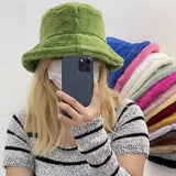 Winter Rabbit Plush Fisherman Hats for Women Girl Bucket Hat Windproof Leopard Soft Faux Fur Wide Brim Lady Women Artist Cap