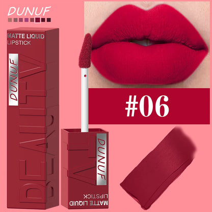 DUNUF  8-color matte velvet smooth easy-to-apply square tube lip gloss waterproof three-dimensional plumping lipstick