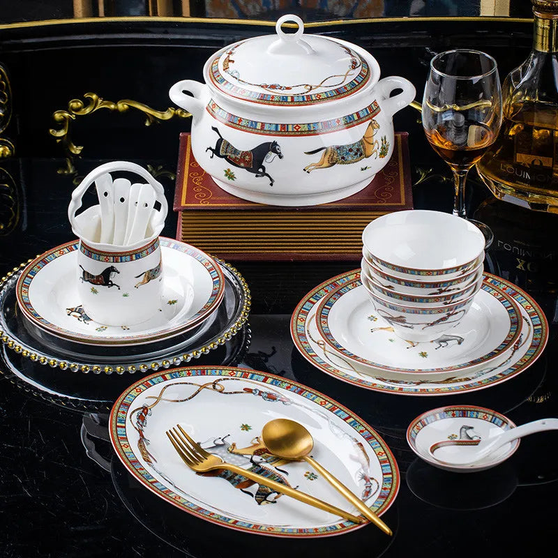 Bone China Tableware Set, Ceramic Luxury Kitchen Dinnerware, Porcelain Bowl, Plate, Spoon Combination, Wedding Gift, Horse Finished