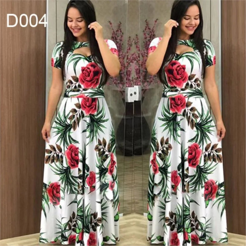 Elegant Spring Women's Casual Fashion Floral Print Short Sleeve Super Long Dress 2023 New Fashion Hollow Out Long Dresses
