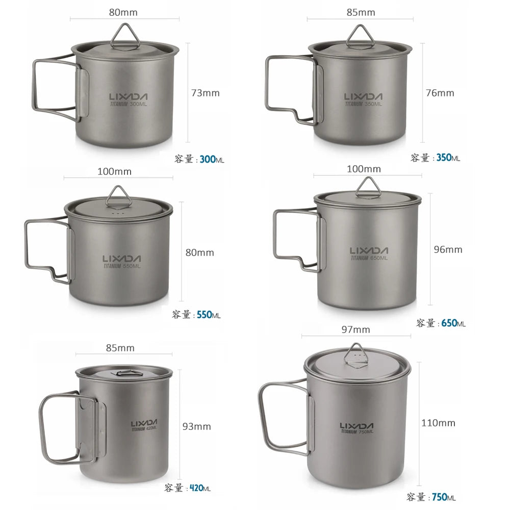 Taza de agua ultraligera de titanio Lixada con asa plegable, portátil para exteriores, camping, picnic, 300 ml/350 ml/550 ml/650 ml