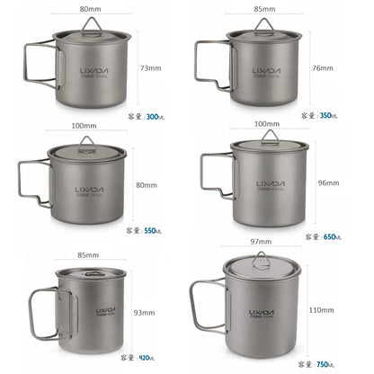 Taza de agua ultraligera de titanio Lixada con asa plegable, portátil para exteriores, camping, picnic, 300 ml/350 ml/550 ml/650 ml