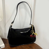 Women's PU Leather Handbag Versatile Fashion Solid Color Cherry Pendant Shoulder Bag Casual Commuting Bag Girl Underarm Bag