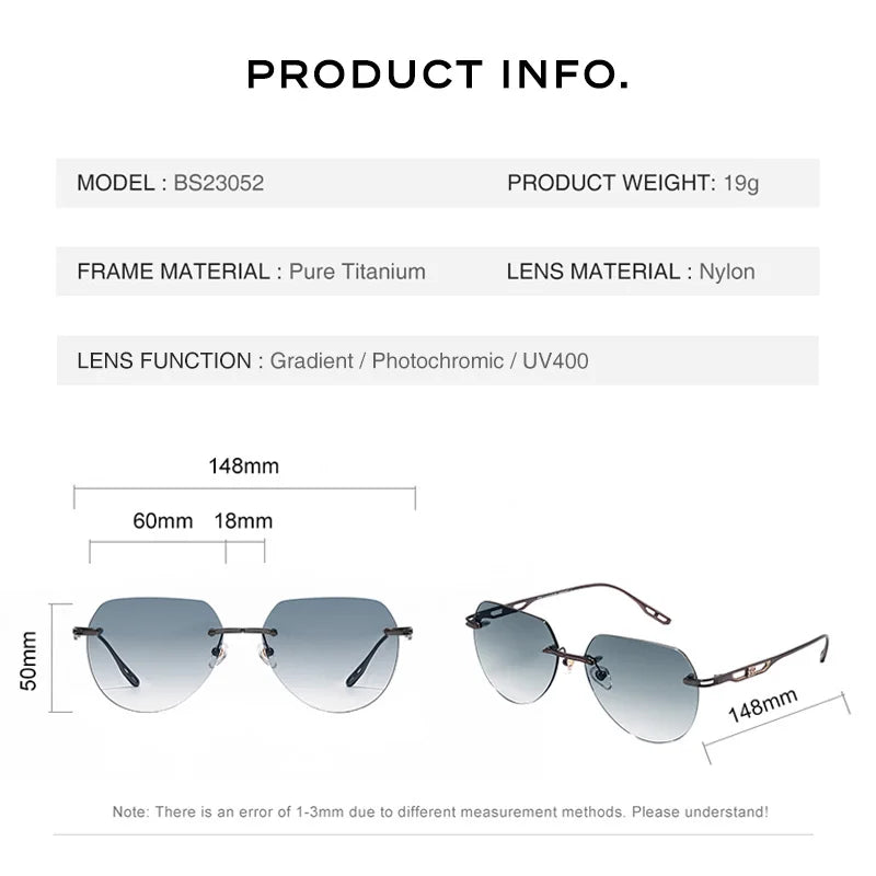 Benywoods Design Fashion Rimless Men's Sunglasses Gradient Photochromic UV400 Outdoor Sun Glasses Pure Titanium Eyewear BS23052