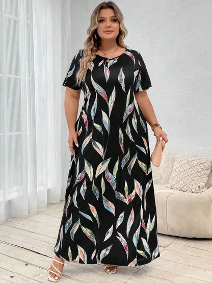 2024 primavera/verão nova moda feminina manga curta plus size impresso pena vestido tamanho grande