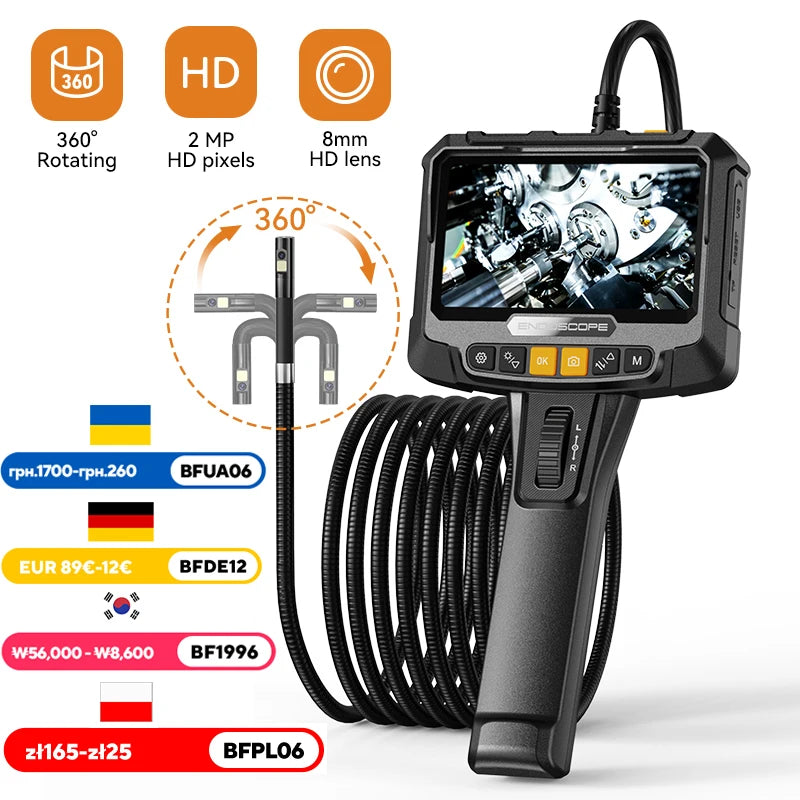 Cámara endoscópica industrial con dirección de 360°, boroscopio de inspección de lente simple y doble, pantalla IPS de 8 mm y 5 pulgadas, 1080P, para tuberías de motor de automóvil.