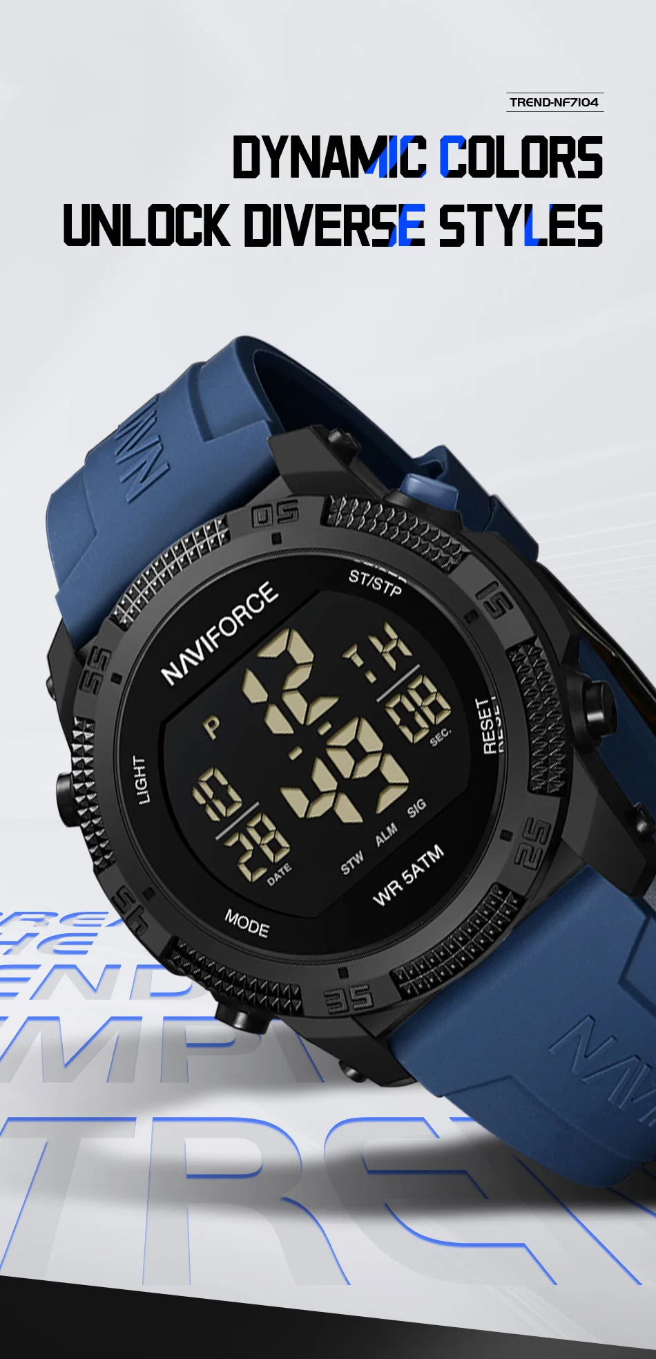 NAVIFORCE - Reloj de pulsera digital LCD para hombre, deportivo, resistente al agua hasta 50 m, con correa de silicona, informal, electrónico