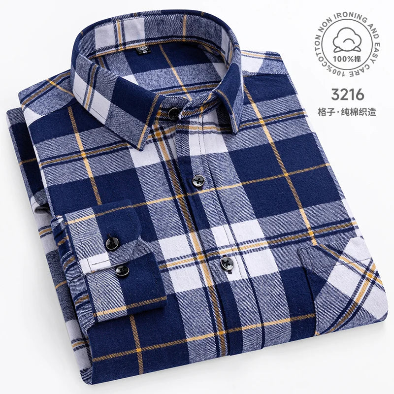 Men Fashion Long Sleeve Brushed Flannel Shirt Single Pocket Comfortable 100% Cotton Casual Slim Fit Button-down Plaid Shirts 8XL