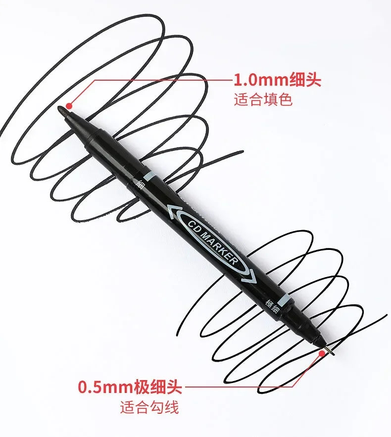 10Pcs Double Tip Permanent Markers Pens Waterproof Oily Fine Tip Black Painting Marker Graffiti Marking Pens School Supplies