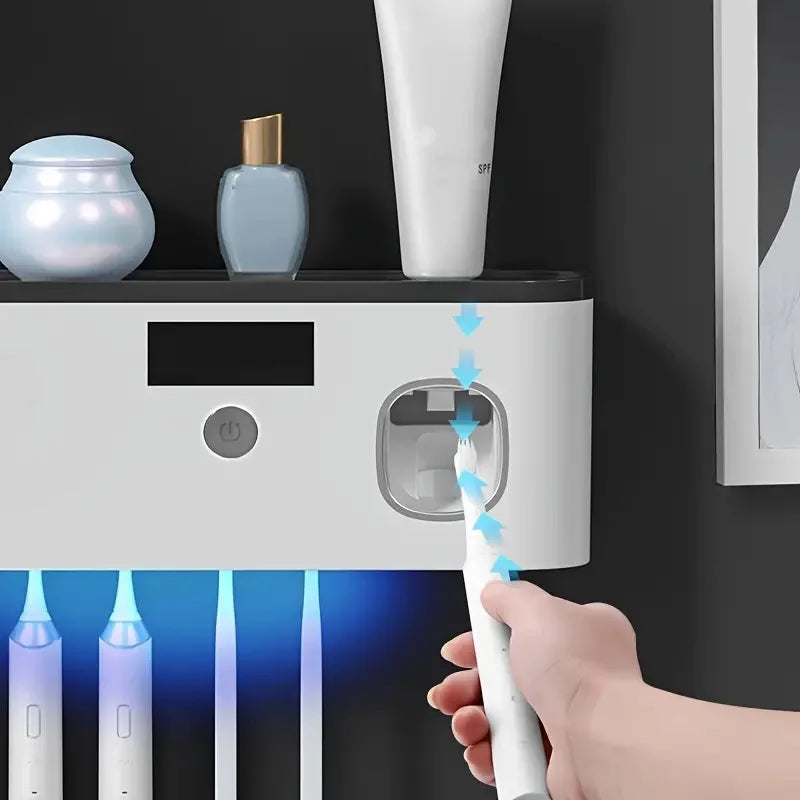1 Intelligent Toothbrush Sterilizer, Wall Mounted Toothbrush Holder with Toothpaste Dispenser, Toothbrush Disinfection Device