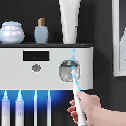1 Intelligent Toothbrush Sterilizer, Wall Mounted Toothbrush Holder with Toothpaste Dispenser, Toothbrush Disinfection Device