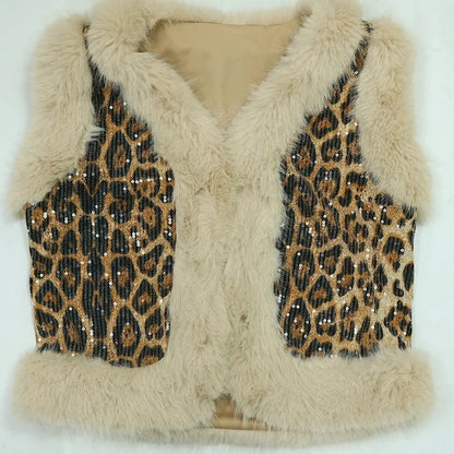 CM.YAYA Conjunto de mujer sin mangas de piel de leopardo con lentejuelas, cuello en V, chaleco de lana y pantalón, conjunto de 2 piezas Street Two 2024, chándal