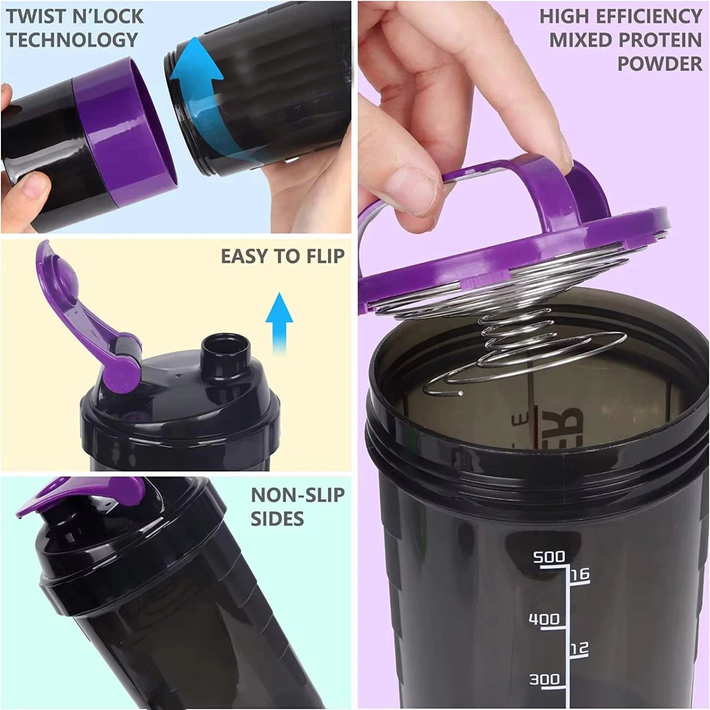 3 Layers Protein Shaker Bottles with Mix Ball Leak Proof Water Bottle for Protein Mixes with Powder Storage and Pill Organizer