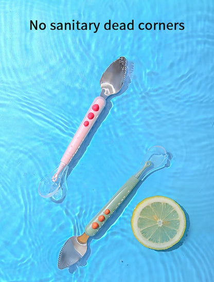 Baby Fruit Scraping Mud Spoon Double Head Silicone Stainless Steel Children Utensil Toddler Infant Food Eating Feeding Tableware