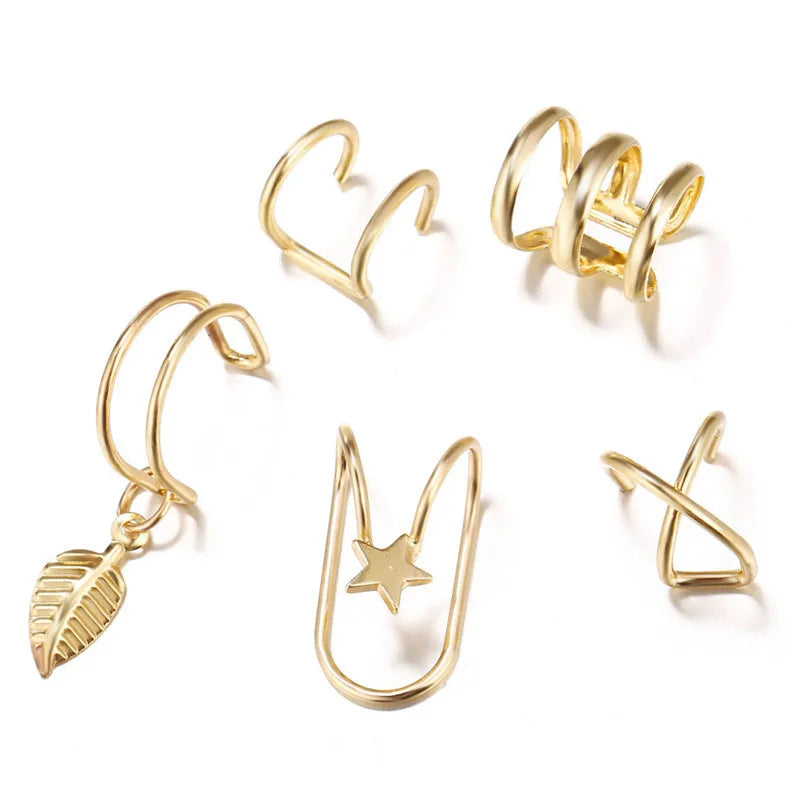 Silver Color Leaves Clip Earrings for Women Men Creative Simple C Ear Cuff Non-Piercing Ear Ear Clip Set Trend Jewelry Gift
