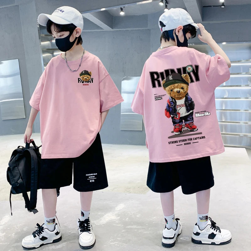 2025 Children's Clothing American Vintage Bear Print Graphic T Shirts Boys Summer Cotton Short-sleeved T-shirt Tops Streetwear