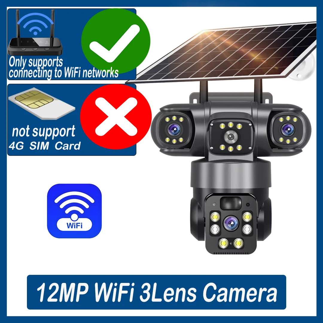 12MP 6K 3 Lens 3 Screen 4G Outdoor Solar Camera Wireless WiFi IP Cameras PIR Auto Tracking Solar Security CCTV Surveillance Cam