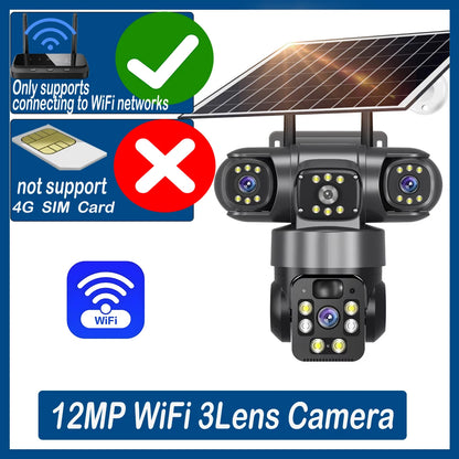 12MP 6K 3 Lens 3 Screen 4G Outdoor Solar Camera Wireless WiFi IP Cameras PIR Auto Tracking Solar Security CCTV Surveillance Cam