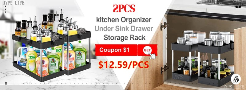 2 Tier Under Sink Organizer Sliding Cabinet Basket Organizer Storage Rack with Hooks Hanging Cup Bathroom Kitchen Organizer