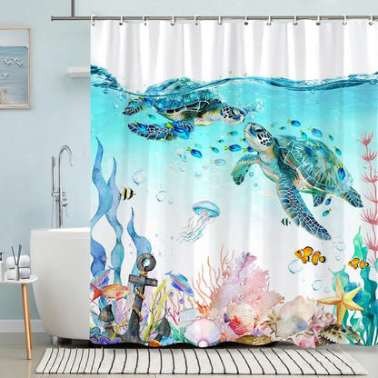 Turtle Shower Curtain Summer Beach Anchor Nautical Starfish Watercolour Art Creative Polyester Shower Curtains Bathroom Decor