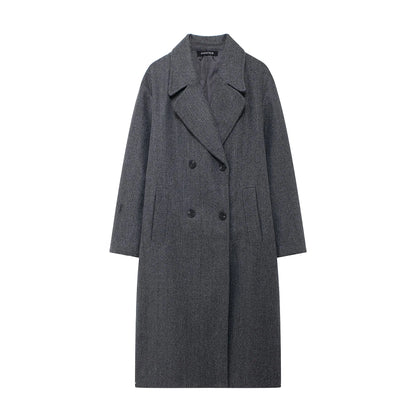 TRAFZA 2024 Autumn New Women Loose Coat Lapel Double Breasted Long Sleeve Jacket Winter Warm Thick Vintage Solid Trench Outwear