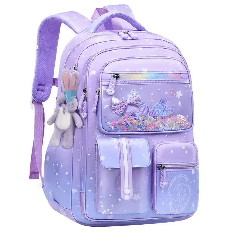 Primary Bow Knot Schoolbag With Rabbit Pendant For Girls Orthopaedics Kids Backpack Kawaii Waterproof School bag