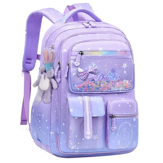 Mochila escolar primaria con lazo y colgante de conejo para niñas, ortopedia, mochila infantil, mochila escolar impermeable kawaii.