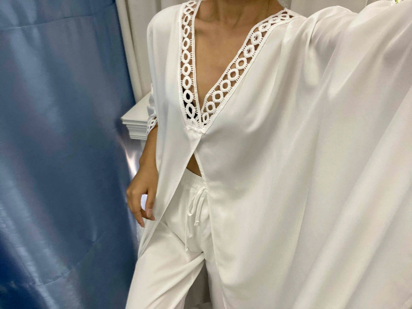 Contrast Lace High Slit Longline Top & Pants Set Women Solid Color Spring Summer Clothing Suit Blouse Tops High Waist Pants