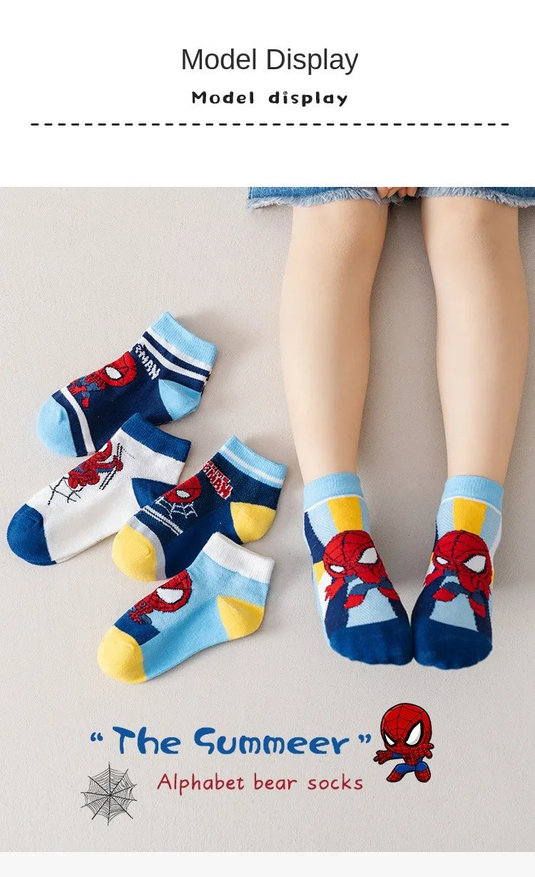 5 Pairs Children Socks Spider-Man Kids Boys Short Socks Iron Man Captain America Cartoon Baby Summer Spring Mesh Socks 1-12Y