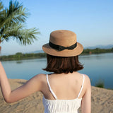 COKPanama Simple Summer Beach Sun Protection Bowknot French-Style Small Hat, Women's Casual Flat-Brimmed Straw Hat with Bow