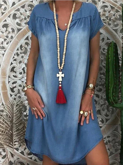 Vestido jeans balanço vestido de verão plus size 1xl-5xl nova moda feminina casual sólido decote em v longo festa solta manga curta