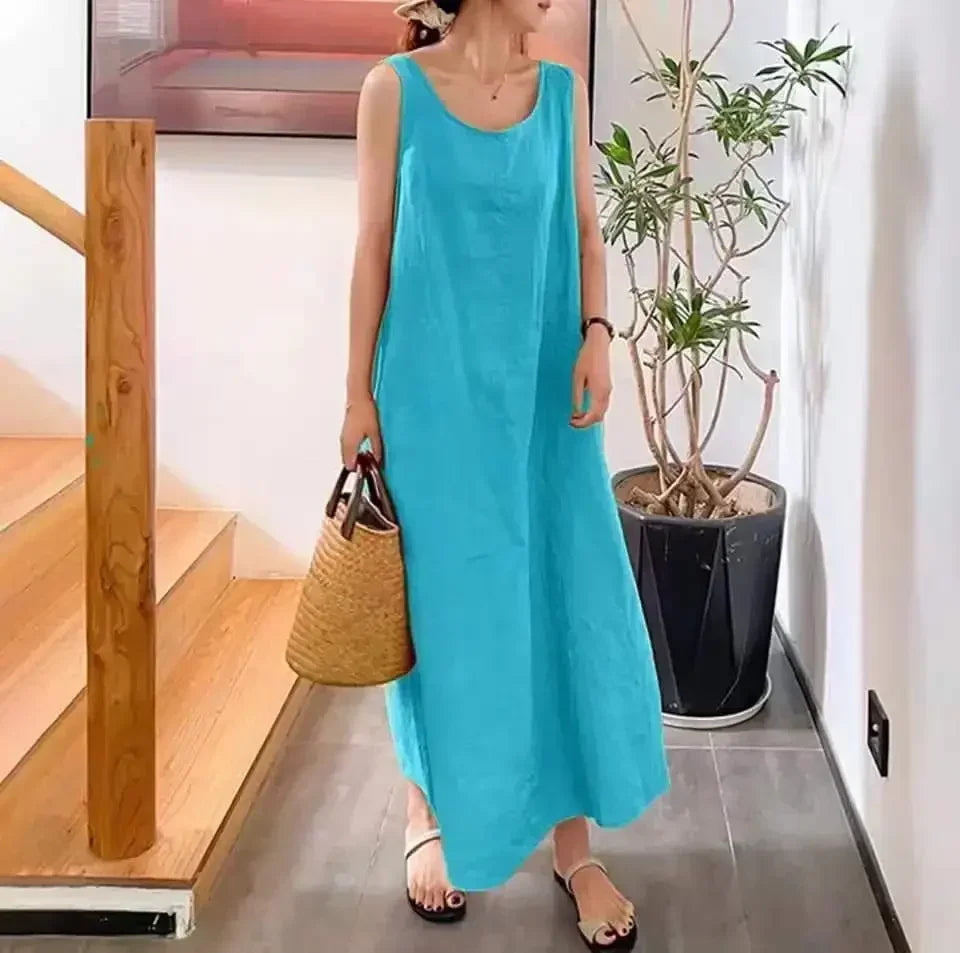 Vestido longo de linho de algodão feminino, saia solta, roupa feminina, moda casual, elegante, verão, tamanhos grandes, 2025