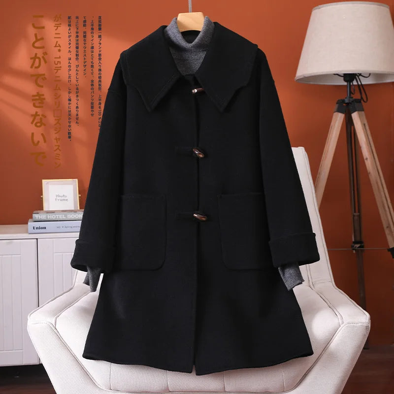 2025 Fashion Large Lapel Horn Button Women's Coat Autumn and Winter New Double-Sided Woolen 100%Pure Wool Warm Coat Large Pocket