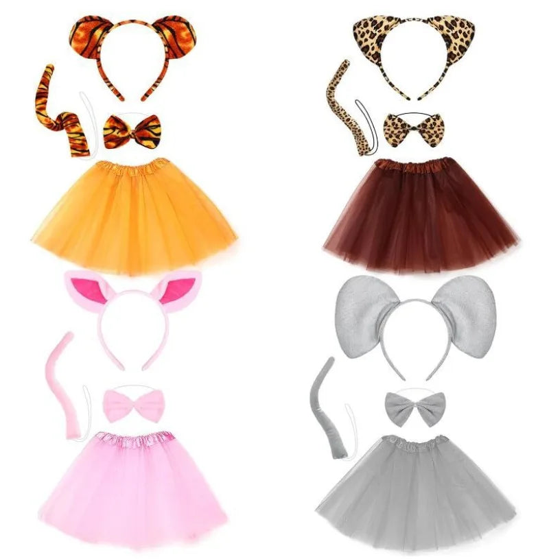 Animal Cat Tiger Cosplay Costume for Boys Girls Headband Clothes Shoes Tail Tutu Skirt Gloves Set for Kids School Performance