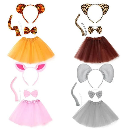 Animal Cat Tiger Cosplay Costume for Boys Girls Headband Clothes Shoes Tail Tutu Skirt Gloves Set for Kids School Performance