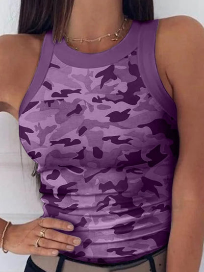 Women Casual Camo Round Neck Ribbed Tank Top Summer Basic Elastic Camisole Sexy Sleeveless Crew Neck Vest Women's Clothing