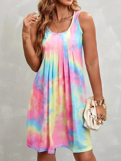 plus size women's tie dye pleated sleeveless dress vest mini elegant design fashionable casual beach dress fob