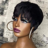 Short Pixie Cut Human Hair Wig for Black Women, Machine-Made Wigs with Bangs, Short Human Hair Wigs