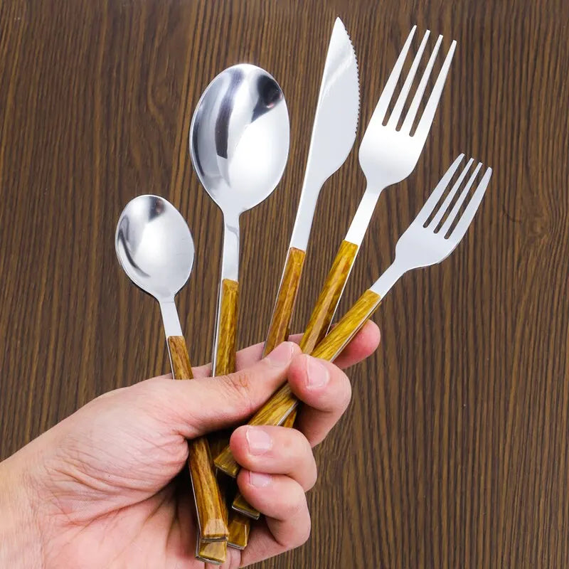 Juego de cubiertos con mango de madera de imitación de acero inoxidable, abrazadera para vajilla occidental, cuchillo, tenedor, cuchara de té, 30 Uds.