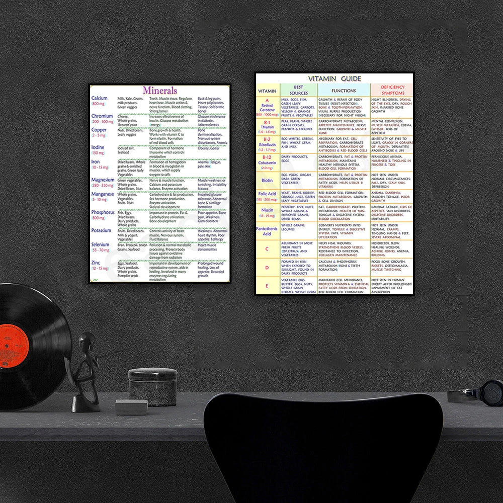 Guide, information on important minerals for health and well-being, healthy vitamins guide decorative canvas typographic poster