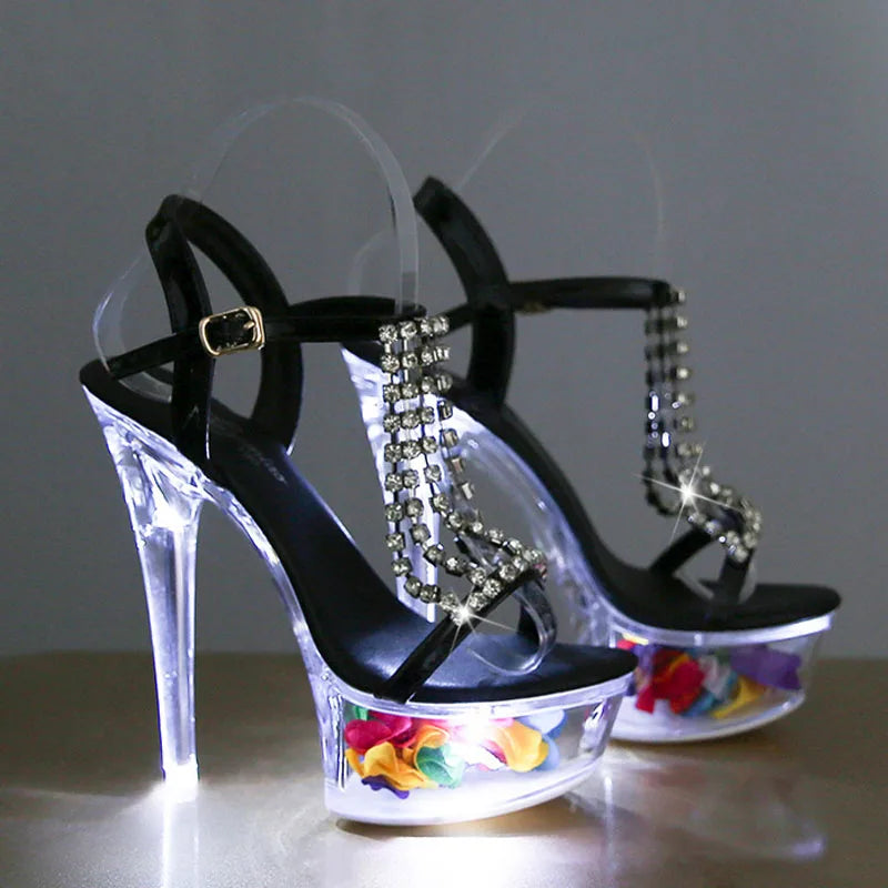 LTARTA Women's Shoes Stiletto Nightclub 15cm  High Heels Rhinestone Sandals Flower Root Crystal Sole 190 Series 5cm Platform LFD