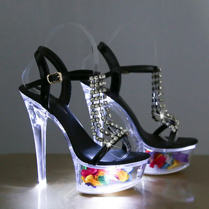 LTARTA Women's Shoes Stiletto Nightclub 15cm  High Heels Rhinestone Sandals Flower Root Crystal Sole 190 Series 5cm Platform LFD