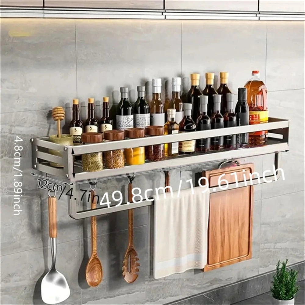 YMOLGA 1/2pcs Aluminum Wall-Mounted Spice Rack Multifunctional Item Shelf Kitchen Tools Hooks Kitchen Condiment Storage Rack